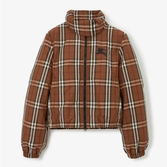 NWT Burberry Cropped Check Nylon Puffer Jacket XS, dark birch brown - Picture 1 of 16